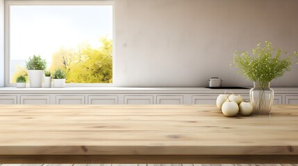 Wall Mural - Empty wooden table with kitchen in background, copy space