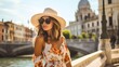 © Pascal - Female casual solo traveller roam alone woman summer casual dress summertime tour walking at famous destination landmark In Europe