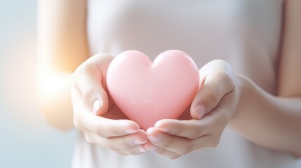 Volumetric pink heart holding a woman's hands close-up. Symbol of love. Happy Valentine's Day