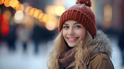 Holidays, christmas, winter and people concept - smiling young woman in warm clothes over snowy city street background