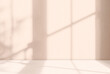 © Anchalee - Background Peach Fuzz Wall Studio,Spring,Summer Colour Trend 2024,Empty Beige Room background with Light,Shadow Leaves on Surface Texture on table,Backdrop Display for Cosmetic Product Presentation