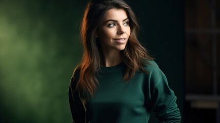 Wall Mural - Girlwith blank green sweatshirt mockup, trendy female model smiling, bright cozy room blurred background