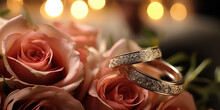 Elegant Wedding Rings On A Bouquet With Blurred Bride And Groom In The Background, Capturing The Romantic Essence Of A Wedding Day