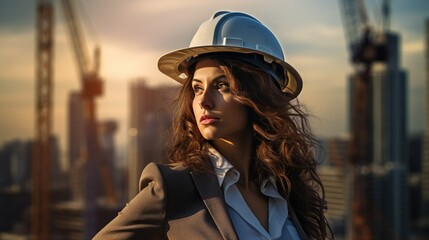 Wall Mural - A businesswoman in a hard hat overseeing a city skyline construction project, with a powerful and determined expression