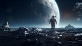 Fototapeta Kosmos - Spaceman or astronaut on the surface of moon. Science Universe Concept. Generative AI