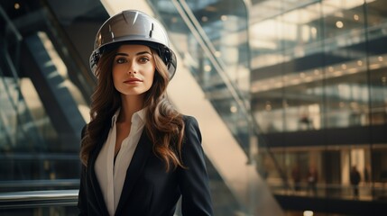 Wall Mural - A striking image of a businesswoman in a hard hat, confidently standing in an architectural setting, with ample space for informational text