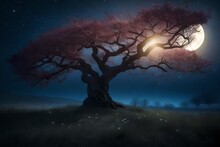 Mystical Tree Under The Moon. Three-dimensional Rendering.