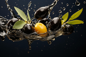 Wall Mural - Olives fall in a splash of water and olive oil, leaves. Generative AI.