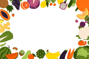Wall Mural - Hand drawn fruits and vegetables frame on white background