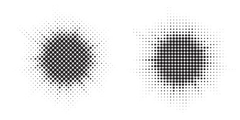 Aufkleber - Halftone circle frame dotted background set. Round border Icon using halftone random circle dots raster texture. Grunge circular stain. Vector illustration. 
