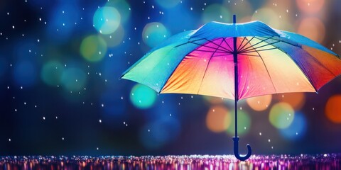 Wall Mural - Experience the weather concept with rain falling on a rainbow umbrella, capturing both spring and fall showers, accompanied by abstract defocused drops and subtle light flare effects