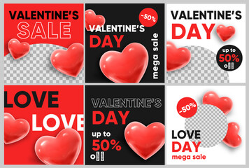 Wall Mural - Valentine's day sale for social media, instagram stories and post, mobile app, banners, cards. Post template with red hearts