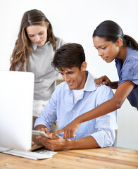 Poster - Teamwork, tablet and discussion and planning on technology in office, collaboration and cooperation. Business people, internet connection and website for online research, project and communication