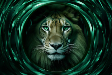 Poster - Lion - Rich range and green abstract shapes in a rounded form.
