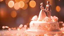 Wedding Cake With Sparkling Lights. Celebration. Newlyweds Are Cutting The Cake. Sparkling Lights Of Bengal Fires. Golden Abstract Blinking Blurred, Bokeh. New Year. Bokeh Moving Around. Romantic Love