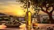 Olives and olive oil on rural landscape. Generative AI