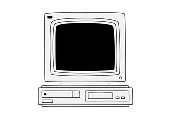 Hand drawn cute cartoon illustration of retro computer. Flat vector old pc sticker in colored doodle style. Vintage office or programmer device icon or print. Information technology. Isolated.