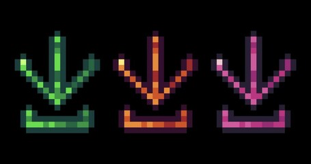 Poster - Black screen of download , download icon bits pixel slowly appeared and dissappeared. Simple animation from pixel dots form sets of download icon . Usefull for game asset or design asset animate.