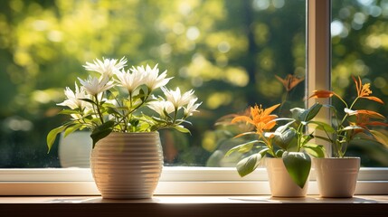 Wall Mural - Window with green house plant in flower pots on the windowsill, summer landscape view from the window.