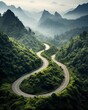 A winding road disappearing into the distance, A highway in national park, centered, stretching all the way to the horizon, closeup view, beatiful landscape, forest, mountains, ultra detailed