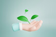 © Wuttikrai - 3D rendering. Green leaves floating on hands. environmental conservation concept