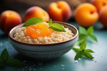 Sticker - Delicious oatmeal porridge with apricots and mint. Healthy breakfast food.