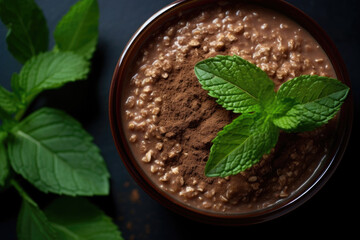 Wall Mural - Delicious oatmeal porridge with chocolate, honey and mint. Healthy breakfast food, top view