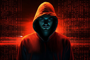 Generative AI picture of hacker criminal breaking binary code stealing data