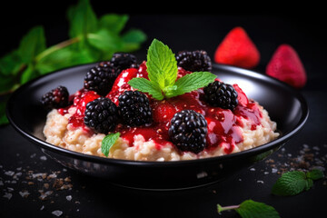 Wall Mural - Delicious oatmeal porridge with fresh berry fruit and mint. Healthy breakfast food.