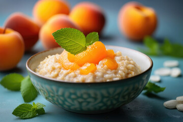 Wall Mural - Delicious oatmeal porridge with apricots and mint. Healthy breakfast food.