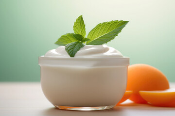 Wall Mural - Bowl with healthy natural yogurt, fresh apricots and mint close up