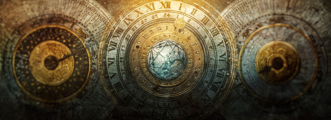 Wall Mural - ancient calendar with constellations and astronomical instruments against the background of stars. s
