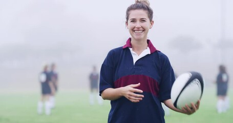 Canvas Print - Rugby, sports and woman or face, player and leader or ready for training in outdoor field. Happy athlete, exercise and practice for competition or smile, confidence and fitness or pride in portrait