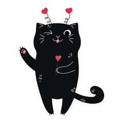 Wall Mural - Cute hand drawn cat with a heart shaped lollipop is smiling with a tongue and winking. Valentine’s Day greeting card. Vector illustration