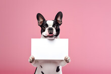 French Bulldog Dog Holding Empty White Sign In Front Of Pink Studio Background