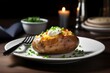 Serving baked potato with green herbs. Delicious healthy homemade jacket potato on white plate. Generate ai