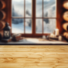 Poster - Desk of free space and winter window background 