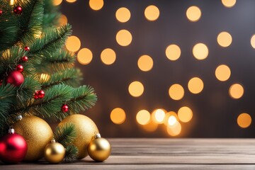 Wall Mural - Wooden table with christmas fir tree and decoration. Bokeh background