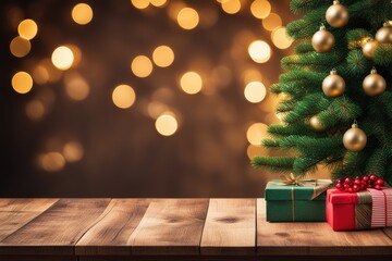 Wall Mural - Wooden table with christmas fir tree and decoration. Bokeh background