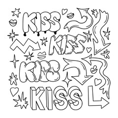 Poster - Outline doodle set with word KISS in retro 90s style. Collection of hand drawn hearts and arrows. Black contour sketchy signs and words in bubble, street style graffiti. Perfect for social media