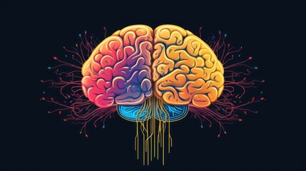 simple illustration of a 
colorful  brain on a blue background, concept of science, knowledge, medicine, psychology, neurobiology