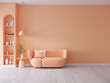 Peach fuzz room ,minimal interior  livingroom. peach sofa with peach color paint wall. color of the year 2024  . Mockup background. 3d render