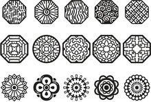 Set Of Traditional Korean, Chinese Window Pattern. Circle Ornament, Rectangular Geometric Cutter Decor And Asian Editable Graphic Design Elements, Traditional Ornament Design Illustration. Eps 10.