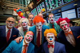 Wall street analysts dressed as clowns at the stock exchange