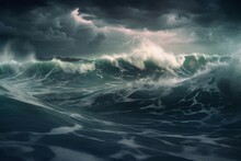 Dangerous Big Waves. Raging And Destructive Storm Nighttime Thunderstorm. Generate AI