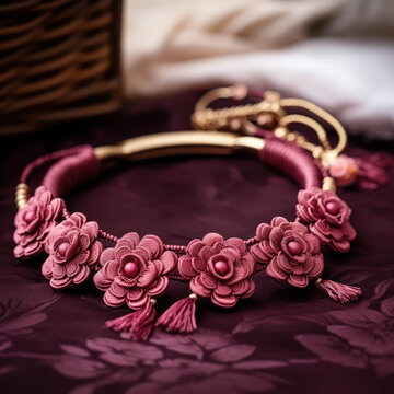 Artisan pink floral necklace with gold tassel accents, elegantly laid out on a rich burgundy fabric.