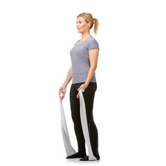 Wall Mural - Health, resistance band and woman doing exercise in studio for fitness, wellness and bodycare. Sports, full length and young female person from Canada with arm workout or training by white background