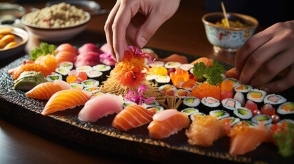 Wall Mural - illustration of hands carefully arranging a colorful plate of sushi generative ai