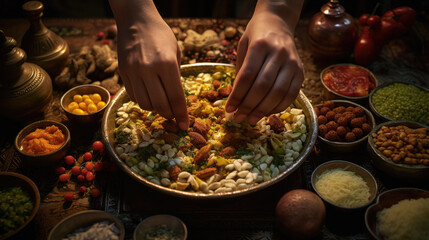 Wall Mural - hands carefully arranging ingredients for a classic Arabic dish generative ai