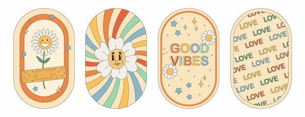 Fototapete - groovy hippie 70s stickers. funny cartoon flower, rainbow, peace, love, heart, daisy, mushroom etc. 